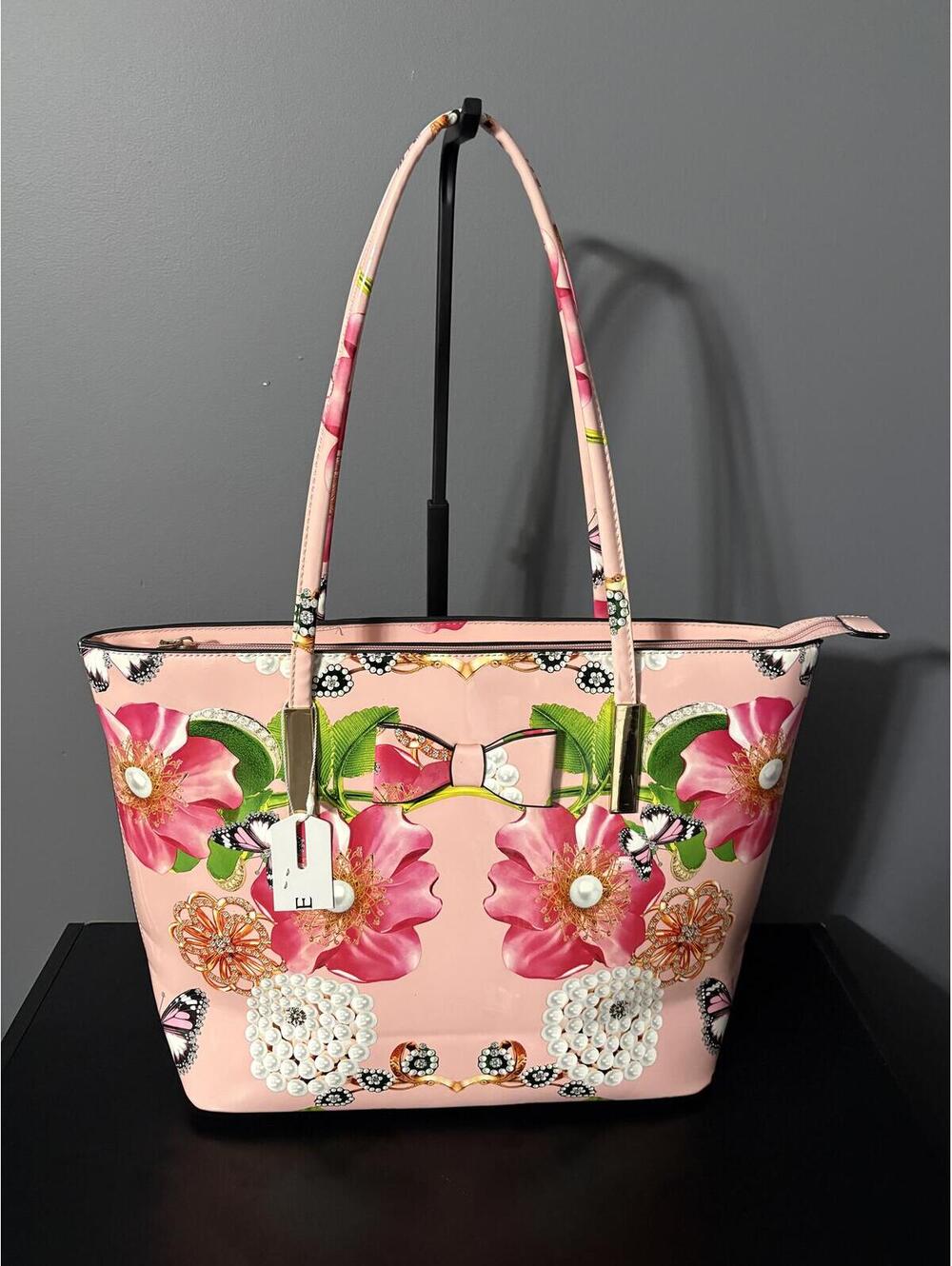 Pink Patent Graphic Floral Pearl Butterfly Tote Bag Bow Accent Like New